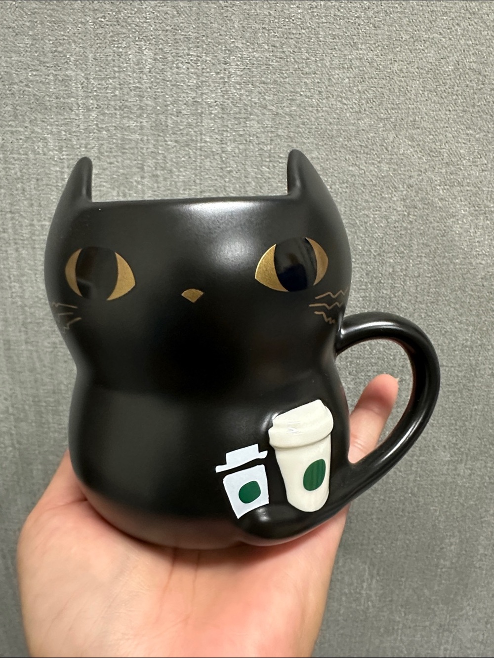 Starbucks Japan Black Cat Ceramic Mug with Gold Eyes and White Cup Accents